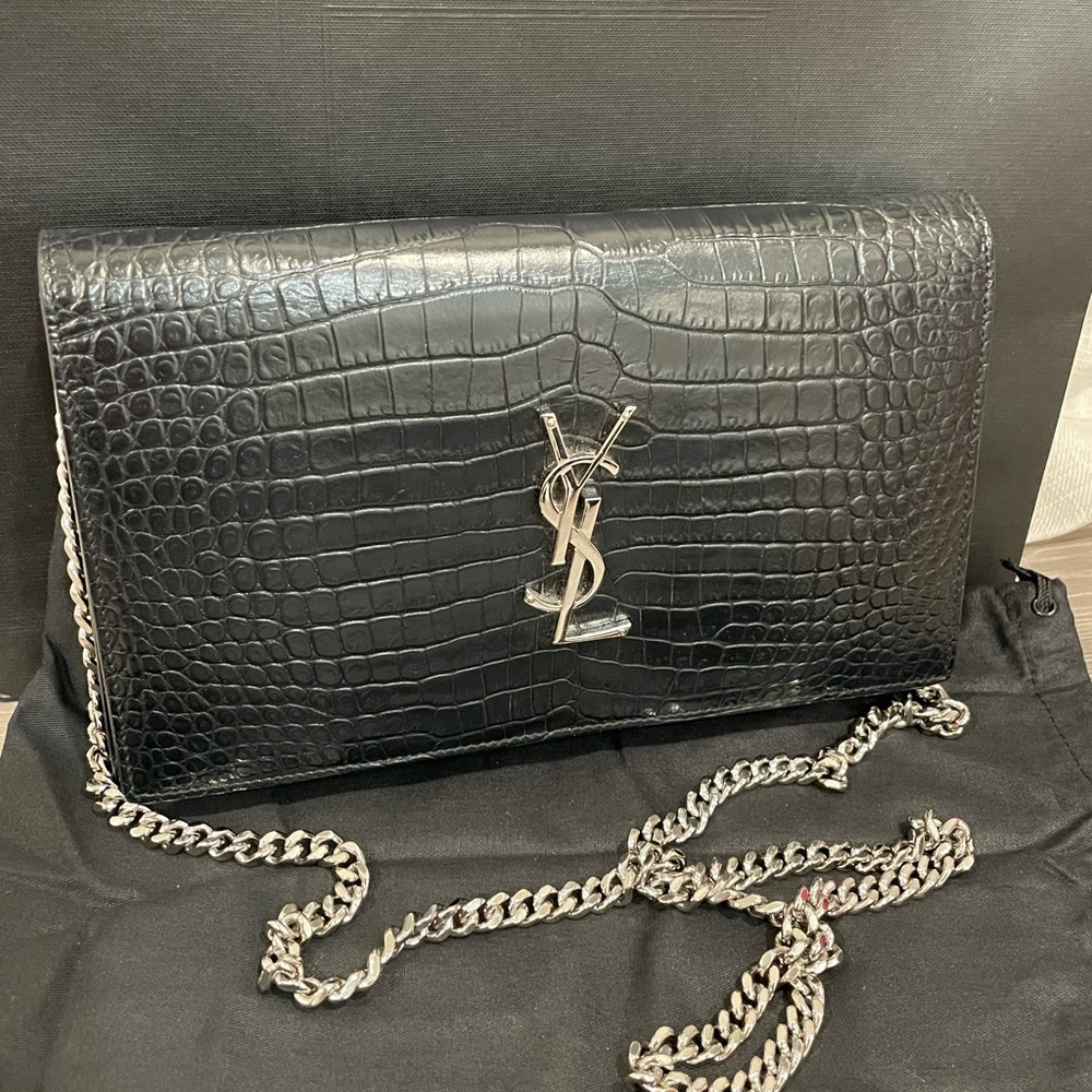Saint Laurent Black Crocodile Pattern Crossbody Chain Wallet - Picture 8 of 10